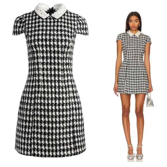 Alice + Olivia Dresses & Skirts - Alice + Olivia Velia Tweed Mini Dress Black Crystal Pearl Collar Size 6 NWT $598